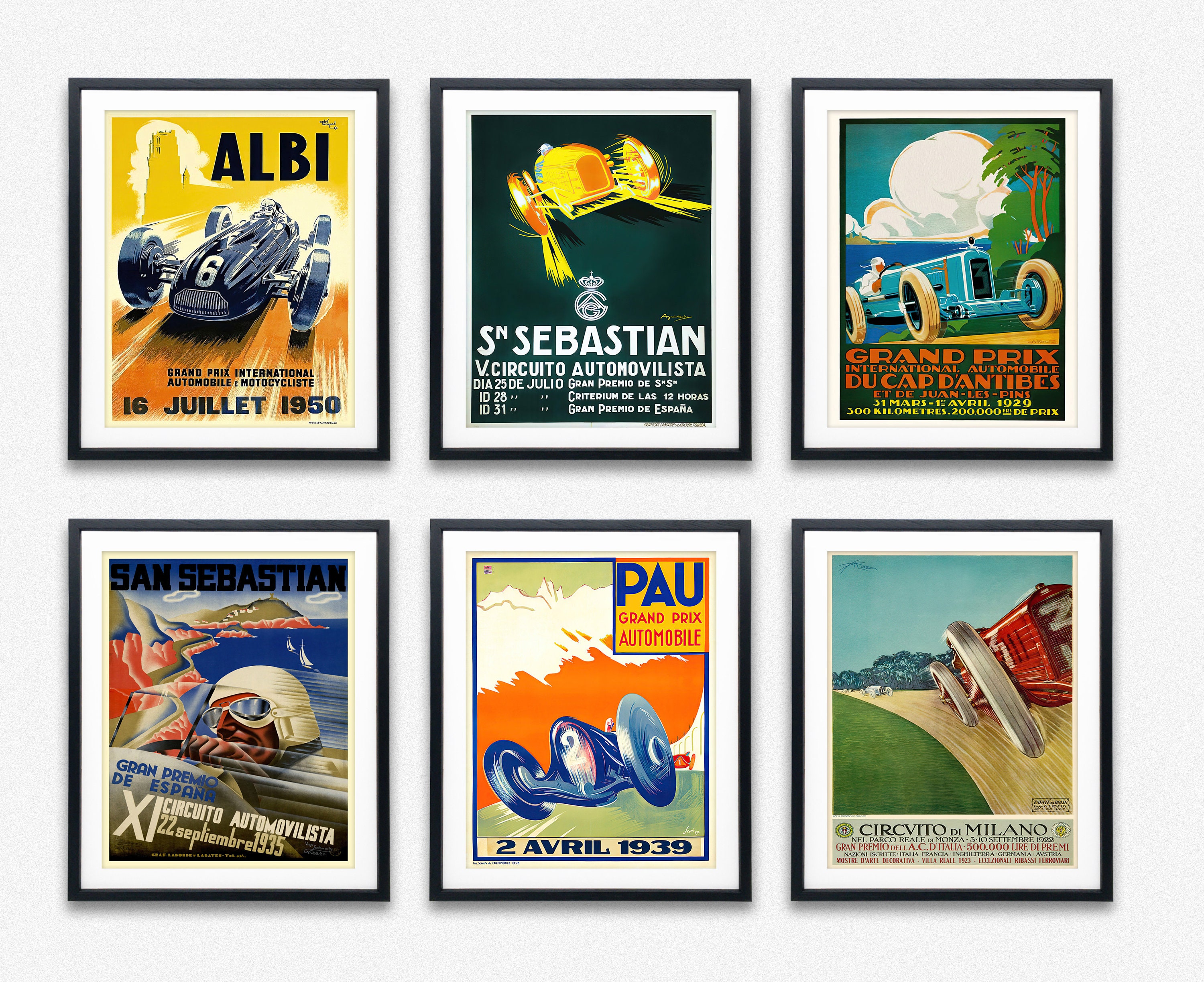 Vintage Grand Prix Poster Collection Set of 6 Striking Formula Car