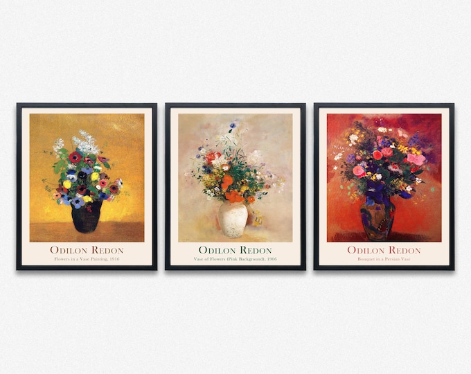 Floral Prints Set of 3 Flower Vase Paintings by Odilon Redon
