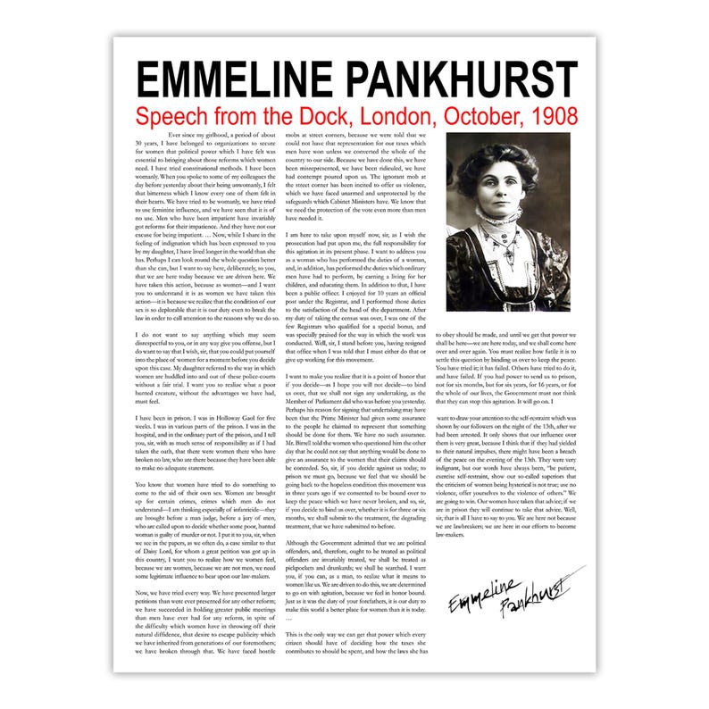 Emmeline Pankhurst Suffragette Speech Poster: Feminist Rights Art Print ...