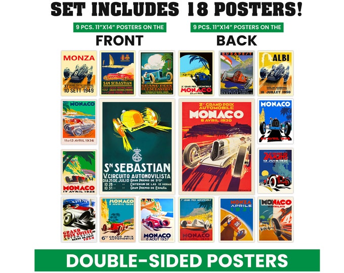 Grand Prix Posters Vintage Motor Sport Posters Set of 18 (Double Sided - 9 Posters on each Side) Vintage Racing Car Posters