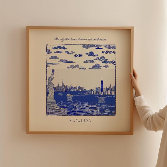 【手渡し限定】【額装アンティーク絵画】街並み風景画 約50年前ニューヨークで購入 ニューヨーク市のスカイラインアートプリント：自由の女神
