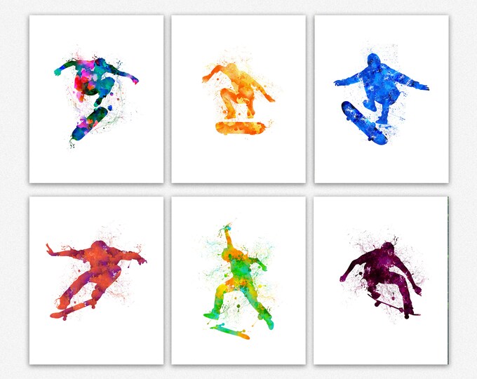 Skate Boarding Posters Set of 6 Modern Water Color Skater Prints Perfect Skater Gift for Skateboarder