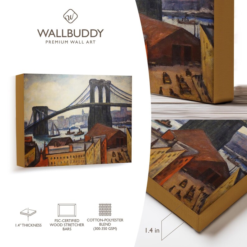 May include: A canvas print featuring a painting of the Brooklyn Bridge with a 1.4 inch thickness. The artwork displays a cityscape with brown buildings, a harbor with boats, and the bridge structure. Text includes WALLBUDDY PREMIUM WALL ART.