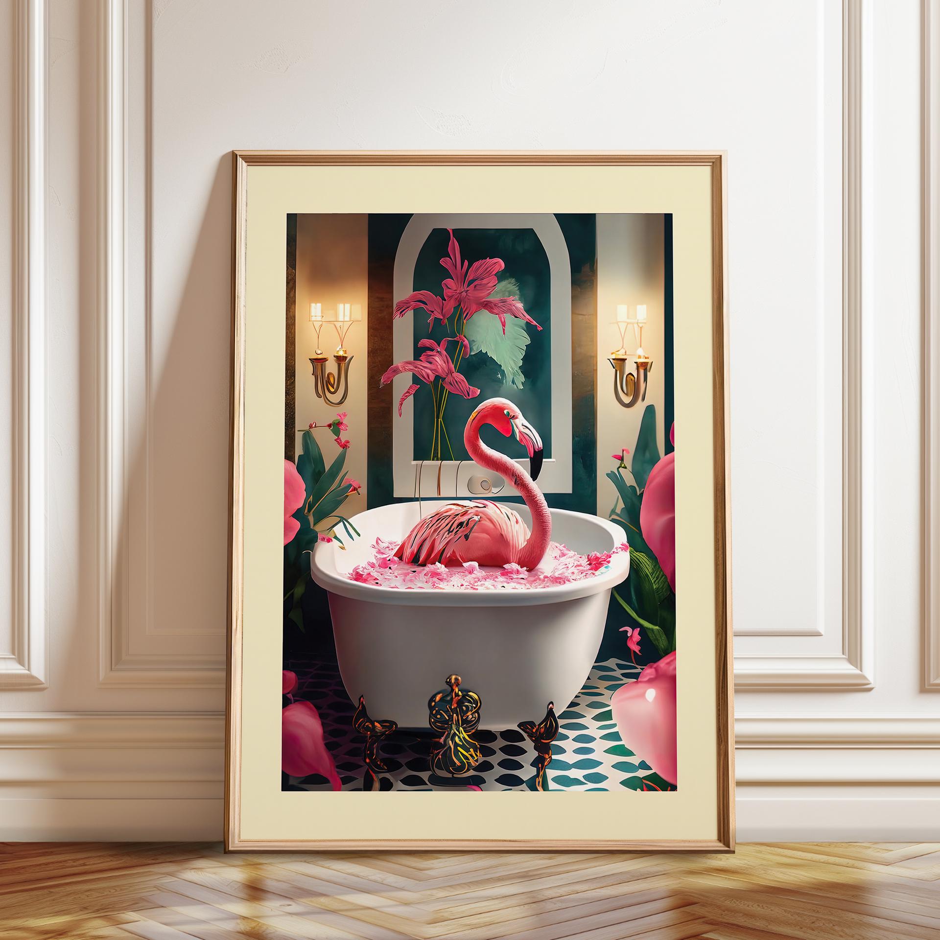 Whimsical Flamingo Bathtub Art Print: Playful Watercolor, Botanical Bath Decor