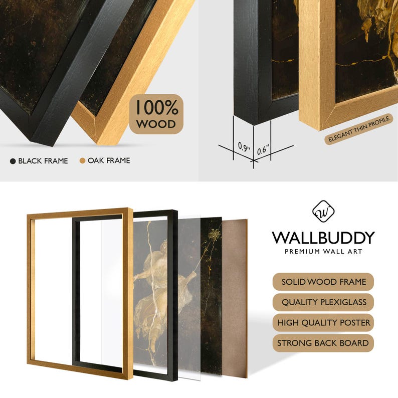 May include: Wall art featuring a solid wood frame in black or oak, quality plexiglass, a high-quality poster, and a strong back board. The frame has a thin profile measuring 0.9 inches by 0.6 inches. The brand name WALLBUDDY is displayed.