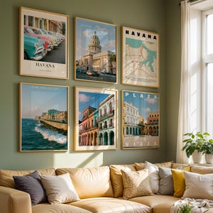 Havana Set of 6 Decor | Cuba Classic Car Prints | Retro Travel Wall Art Posters