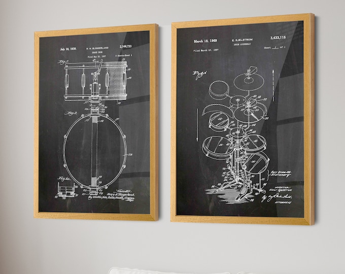 Vintage Drum Kit Patent Art Prints: Retro Blueprint Decor Set of  2 Posters - Perfect Wall Decor Gift for Drummers - WB459-461