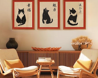 日本の猫のアートプリント：墨絵水墨画「猫」 - 3枚セット - Etsy 日本