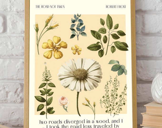 Dreamy Floral Quotes Wall Art: 'The Road Not Taken' by Robert Frost - Flower Blooms Quotes Wall Decor for Living, Dining, and Bedroom Spaces