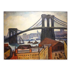 May include: An oil painting depicting the Brooklyn Bridge spanning a river with dark stone towers. Below the bridge, a sailboat and two steamships navigate the water. The foreground features urban buildings in shades of yellow and brown.