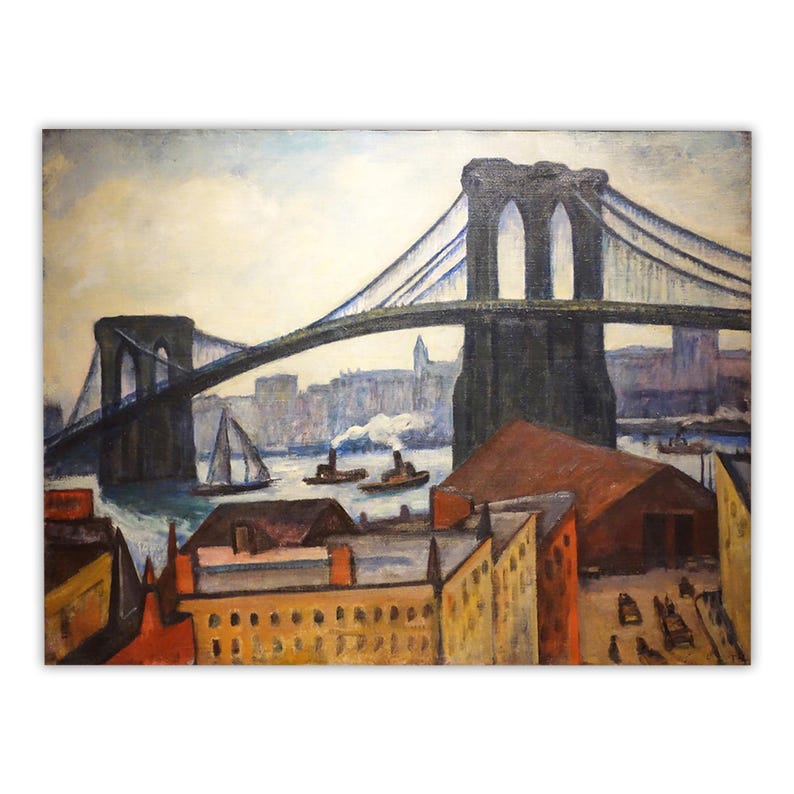 May include: An oil painting depicting the Brooklyn Bridge spanning a river with dark stone towers. Below the bridge, a sailboat and two steamships navigate the water. The foreground features urban buildings in shades of yellow and brown.