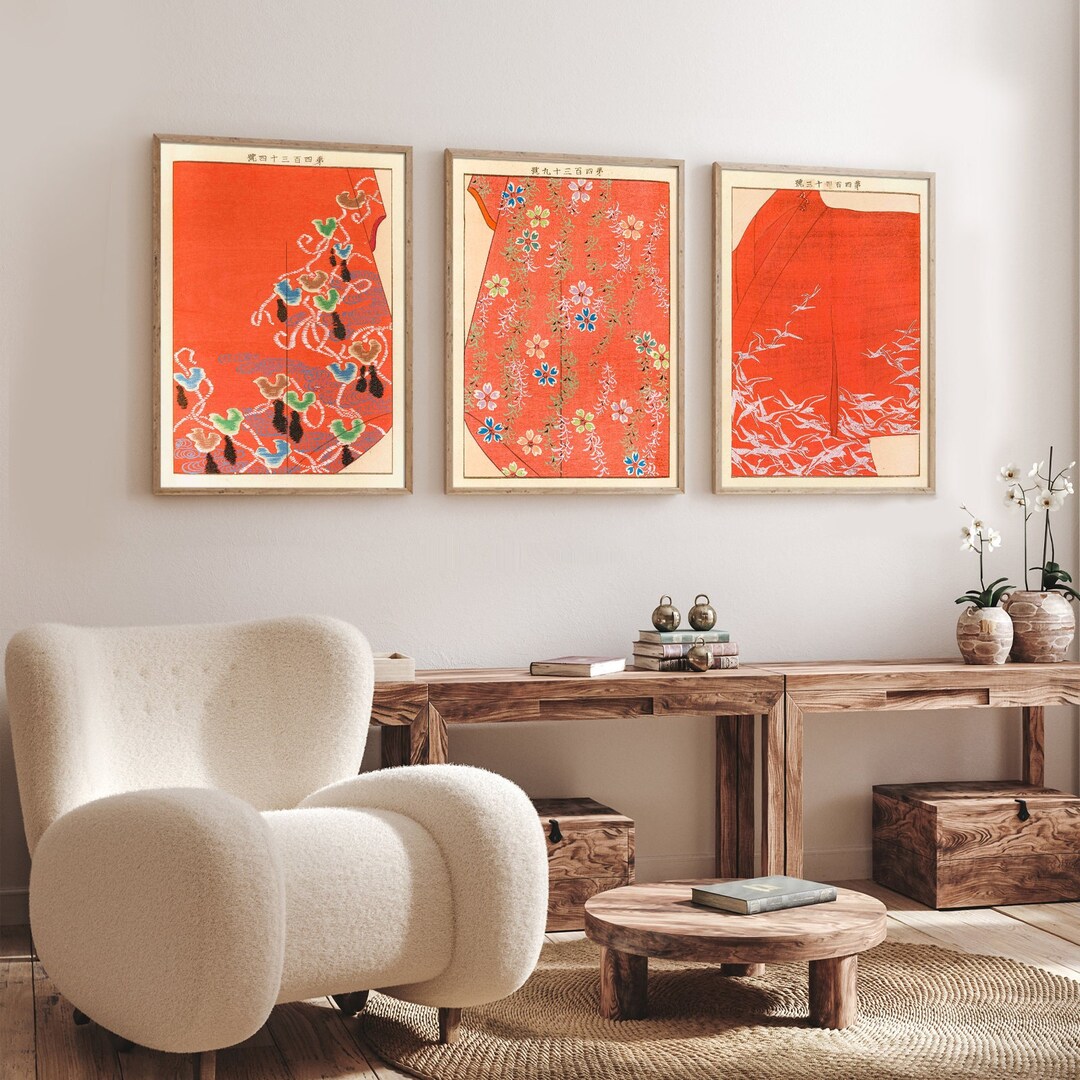 Japanese Posters Set of 3 Japan Wall Prints Orange Asian Art Decor