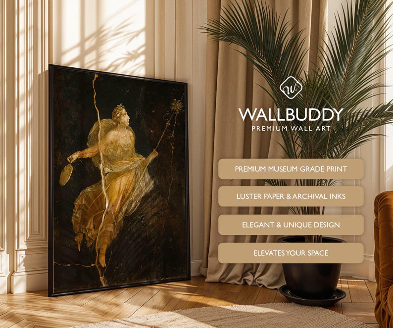 May include: A framed rectangular wall art print featuring a classical painting of a figure in flowing golden robes against a dark background. The print includes a vertical gold crack effect. Text on the image reads WALLBUDDY PREMIUM WALL ART.