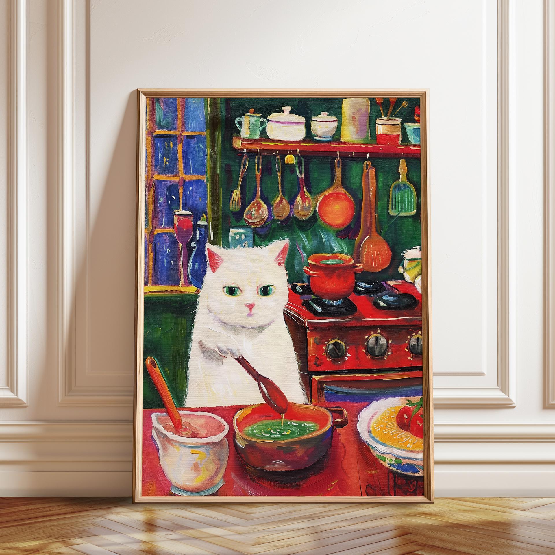 Chef Cat Art Print: Culinary Feline in Kitchen, Whimsical Wall Decor