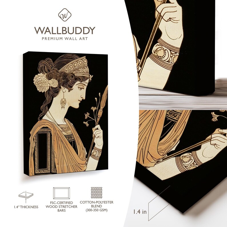 May include: A rectangular canvas wall art print featuring a profile illustration of a figure in ancient-style attire on a black background. The print has a 1.4-inch thickness, FSC-certified wood stretcher bars, and a cotton-polyester blend material.
