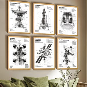 Puede incluir: Un conjunto de seis l&aacute;minas de pared enmarcadas con diagramas t&eacute;cnicos de ingenier&iacute;a en blanco y negro sobre tecnolog&iacute;a espacial, que incluyen un sat&eacute;lite de comunicaciones, cohete, c&aacute;psula espacial, rover de Marte y estaci&oacute;n espacial.