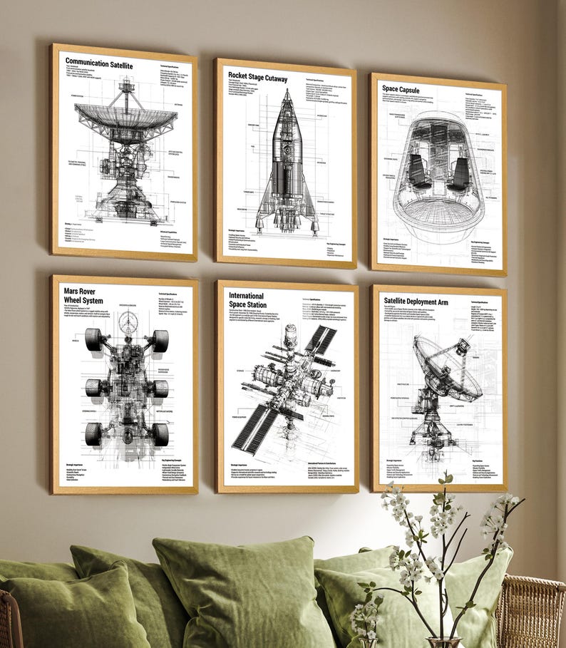 Puede incluir: Un conjunto de seis l&aacute;minas de pared enmarcadas con diagramas t&eacute;cnicos de ingenier&iacute;a en blanco y negro sobre tecnolog&iacute;a espacial, que incluyen un sat&eacute;lite de comunicaciones, cohete, c&aacute;psula espacial, rover de Marte y estaci&oacute;n espacial.