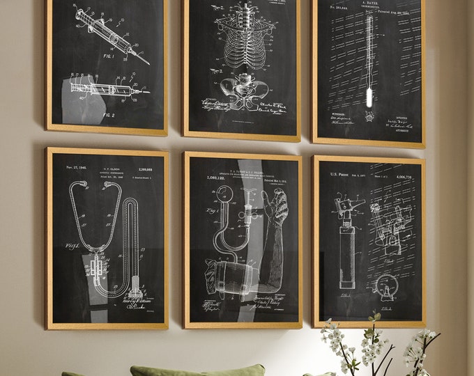 Set of 6 Retro Medical Inventions Posters - Unique Doctor Gift & Clinic Wall Decor - Patent Art Prints for Doctors and Medical Enthusiasts