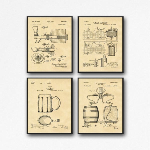Craft Beer Gift Posters - Set of 4 Beer Patent Posters - Beer Lover Gift Home Brew Beer Decor WB133A