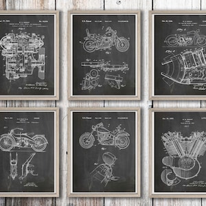 Motorcycle Patent Art Prints: Vintage Biker Garage Decor - Set of 6