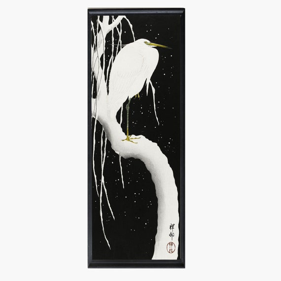Vintage Japanese Art Art Reproduction Heron In Snow by Ohara Koson #402 Vintage Prints Black Fine Art Print White