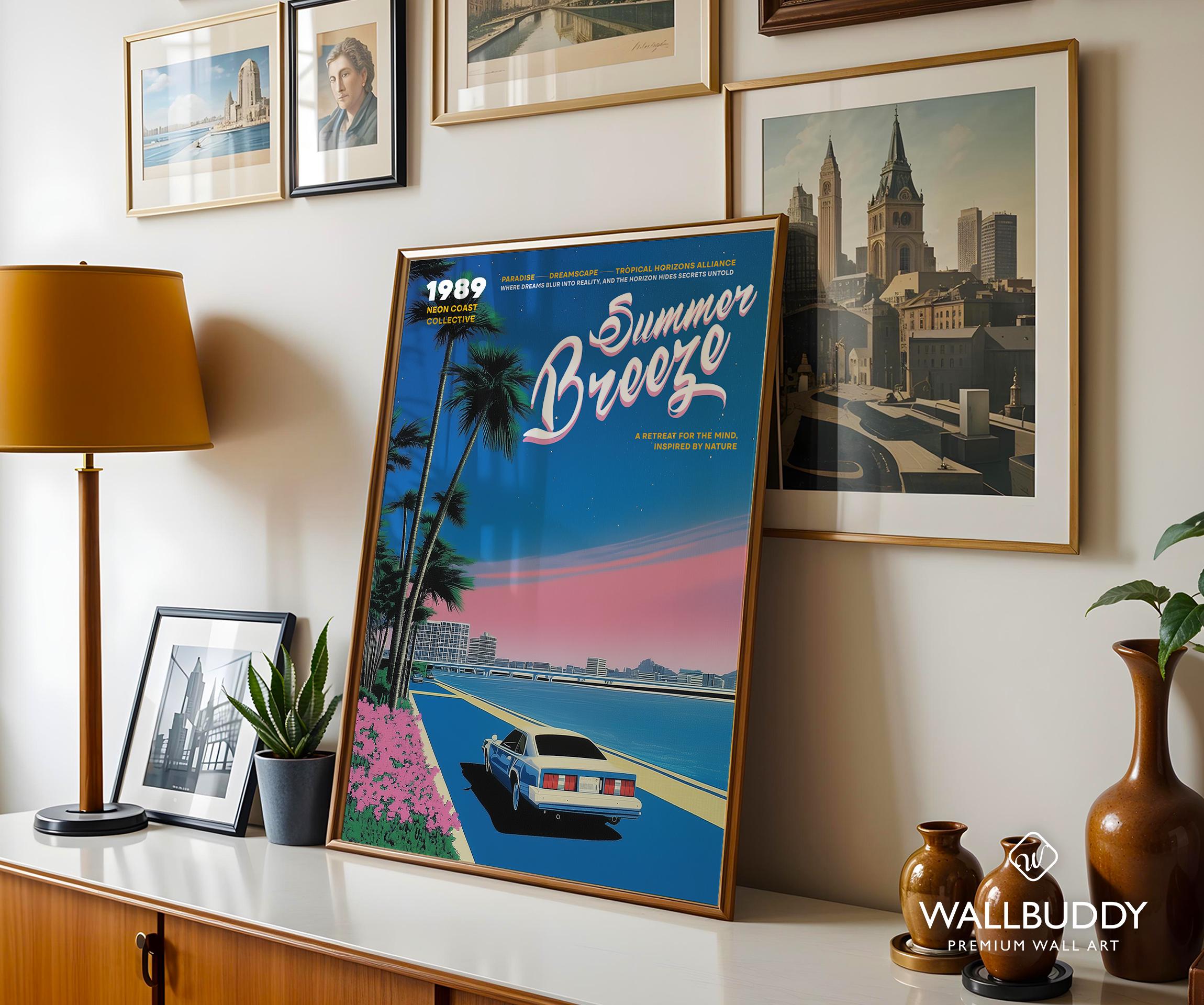 Neon Miami Sunset Poster, Retro 80s Coastal Drive Art Print With