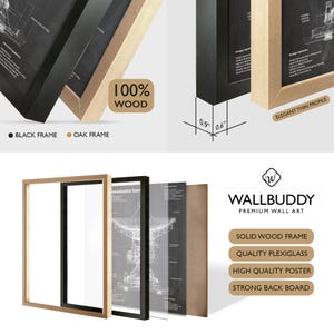 Puede incluir: Un marco de pared de madera negra o roble con 2,3 cm de profundidad y 1,5 cm de ancho. El conjunto incluye un marco de madera maciza, plexigl&aacute;s, un p&oacute;ster de alta calidad con un plano de sat&eacute;lite y un tablero trasero resistente de Wallbuddy.
