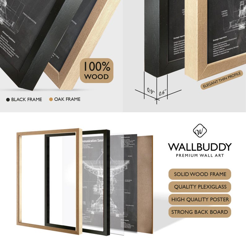 Puede incluir: Un marco de pared de madera negra o roble con 2,3 cm de profundidad y 1,5 cm de ancho. El conjunto incluye un marco de madera maciza, plexigl&aacute;s, un p&oacute;ster de alta calidad con un plano de sat&eacute;lite y un tablero trasero resistente de Wallbuddy.