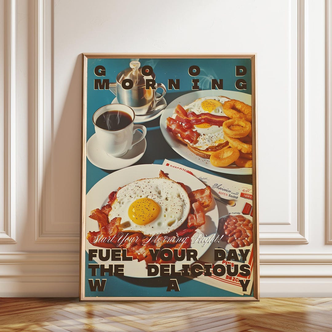 Breakfast Print Retro Diner Breakfast Art Print: Bacon, Eggs, Coffee - Etsy