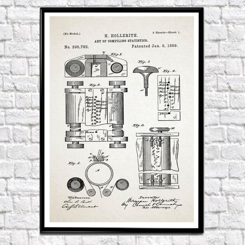 Hollerith Machine Poster Computer Poster First Computer Patent Print Computer Science Computer Wall Art Computer Decor First Computer WB155