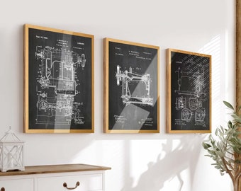 Stitching Elegance: Set of 3 Sewing Machine Patent Posters - Ideal Wall Art for Seamstresses and Enthusiasts - Craft Room Decor - WB474-476