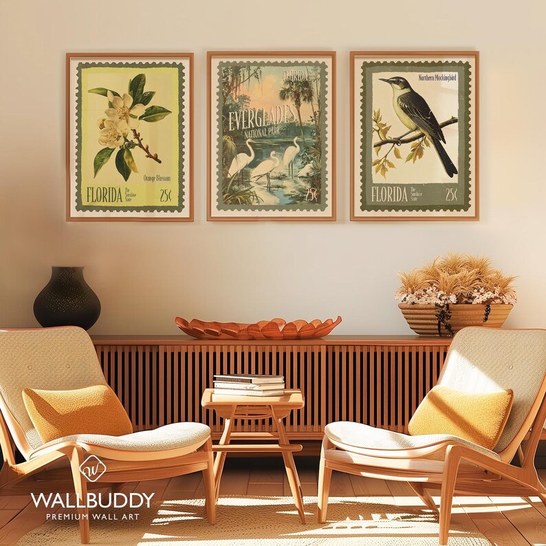 May include: Three framed vintage-style prints with Florida themes. The prints show a flower, the Everglades, and a bird. Each print has a postage stamp design with the word "FLORIDA" and a price of 25p.