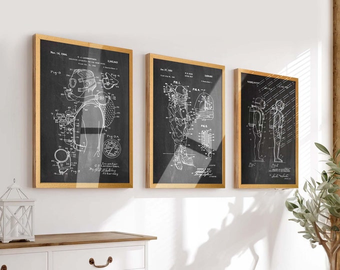 Explore the Depths: Set of 3 Scuba Diving Patent Posters - Ideal Wall Decor and Gifts for Scuba Divers and Ocean Enthusiasts - WB247-3F