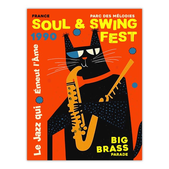 Jazz Cat Saxophone Poster, Retro Soul & Swing Festival Print