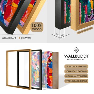 May include: A Wallbuddy premium wall art set featuring a solid wood frame in black or oak, quality plexiglass, a high-quality poster, and a strong back board. The frame has a 0.9 inch depth and 0.6 inch width, showcasing a colorful jazz band print.