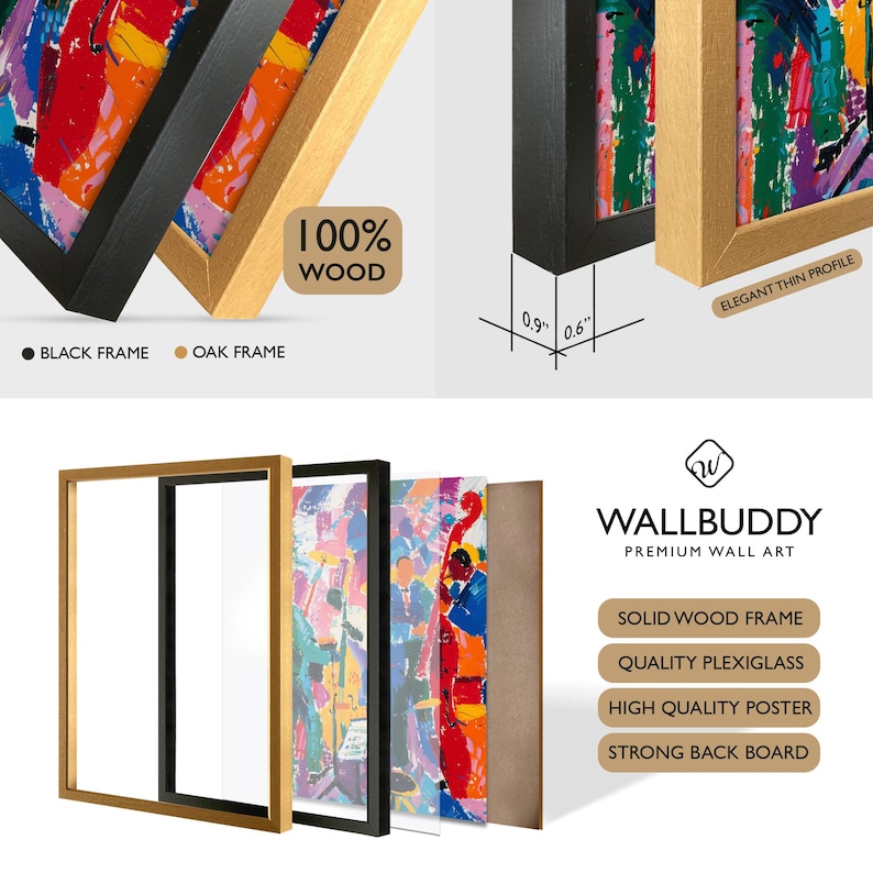May include: A Wallbuddy premium wall art set featuring a solid wood frame in black or oak, quality plexiglass, a high-quality poster, and a strong back board. The frame has a 0.9 inch depth and 0.6 inch width, showcasing a colorful jazz band print.
