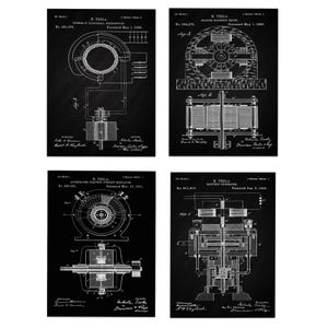 Tesla Inventions Nikola Tesla Poster Tesla Prints Tesla Wall Art Set of 4 Tesla Invention Prints Invention - Poster, Framed and Canvas Print Black Grid