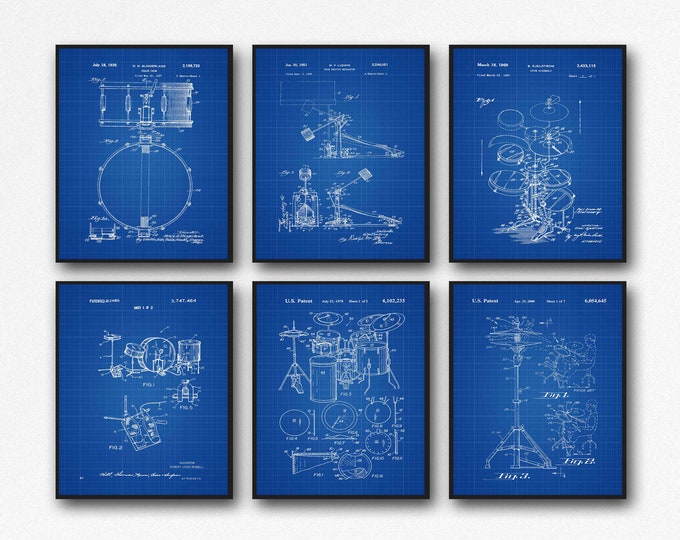 Drum Posters Set of 6 Drum Patent Prints Music Room Decor WB459-464