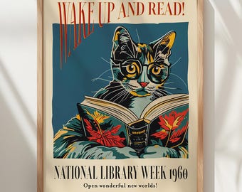 1960年全国図書館週間ポスター：本を読む猫、ヴィンテージスタイル
