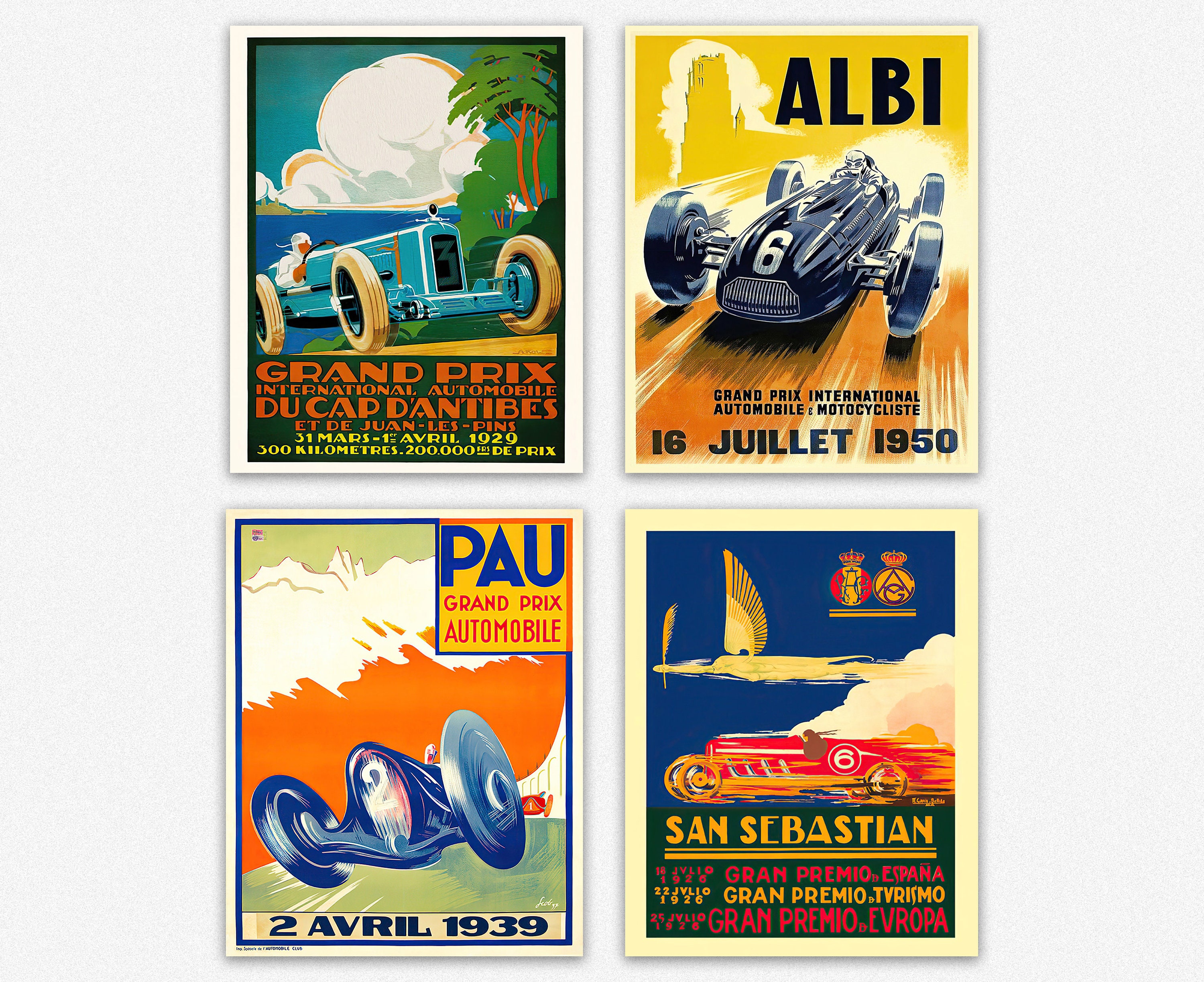 Car Posters Vintage Car Racing Posters Set of 4 Grand Prix | Etsy
