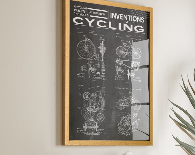 Cycling Inventions Art Posters and Prints - Vintage Bicycle Patent Poster - Ideal Cyclist Gift and Man Cave Wall Decor - Win36