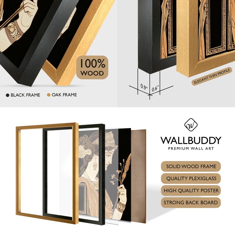 May include: A Wallbuddy premium wall art set featuring a solid wood frame in black or oak, quality plexiglass, a high-quality poster, and a strong back board. The frame has a 0.9 inch depth and 0.6 inch width, showcasing a classical illustration.