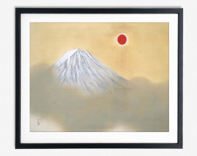 Mount Fuji at Dawn: Majestic Japanese Landscape Painting by Yokoyama Taikan Iconic Mount Fuji Captivating Poster Yellow Wall Decor