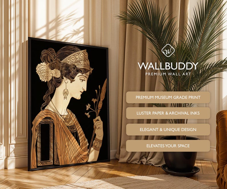 May include: A framed wall art print featuring a profile illustration of a person with intricate gold hair accessories, earrings, and a draped garment against a black background. The text WALLBUDDY PREMIUM WALL ART is visible above four tan rectangular labels.