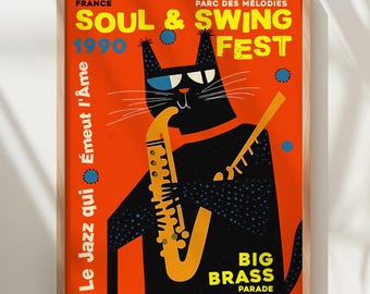 Jazz Cat Saxophone Poster, Retro Soul & Swing Festival Print