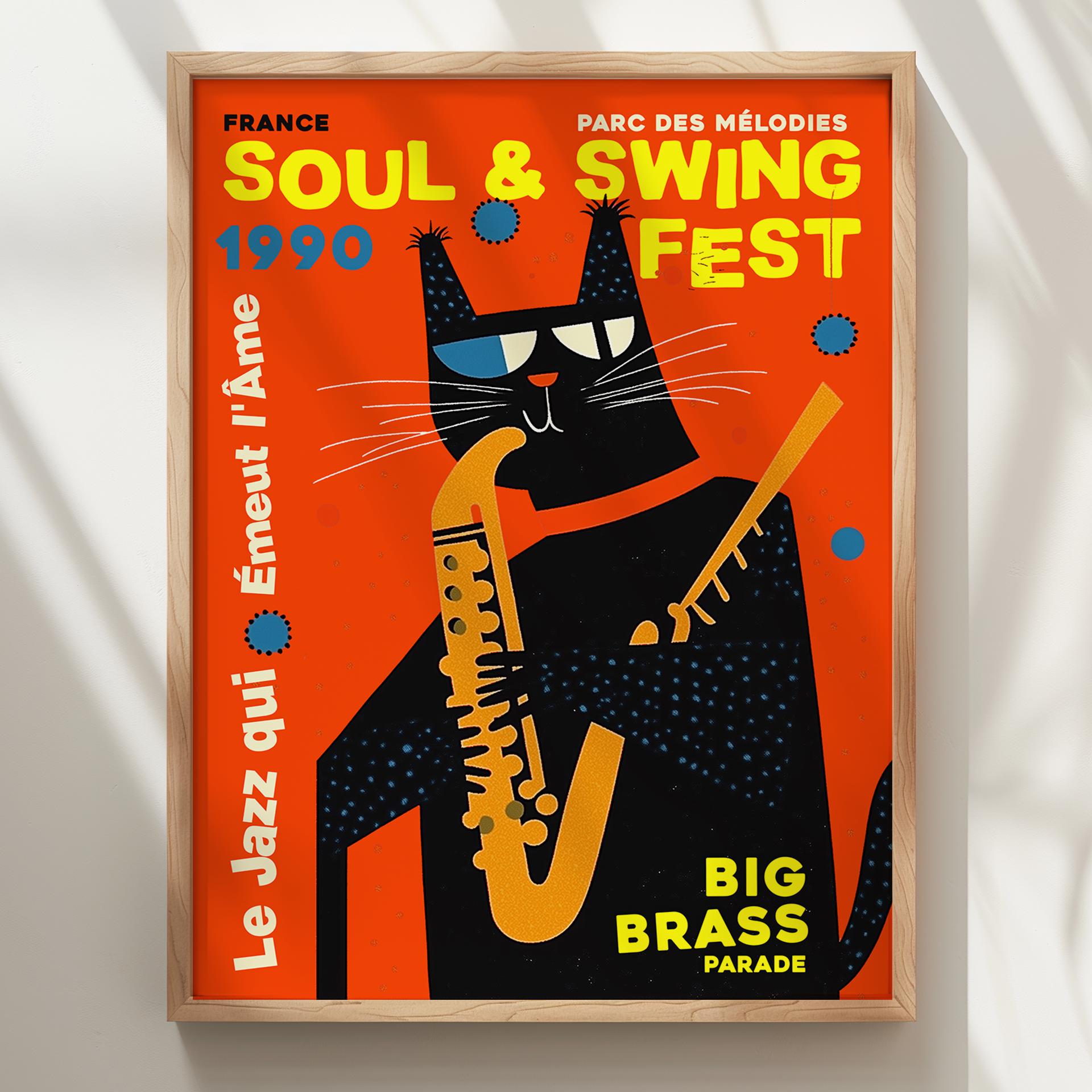 Jazz Cat Saxophone Poster, Retro Soul & Swing Festival Print