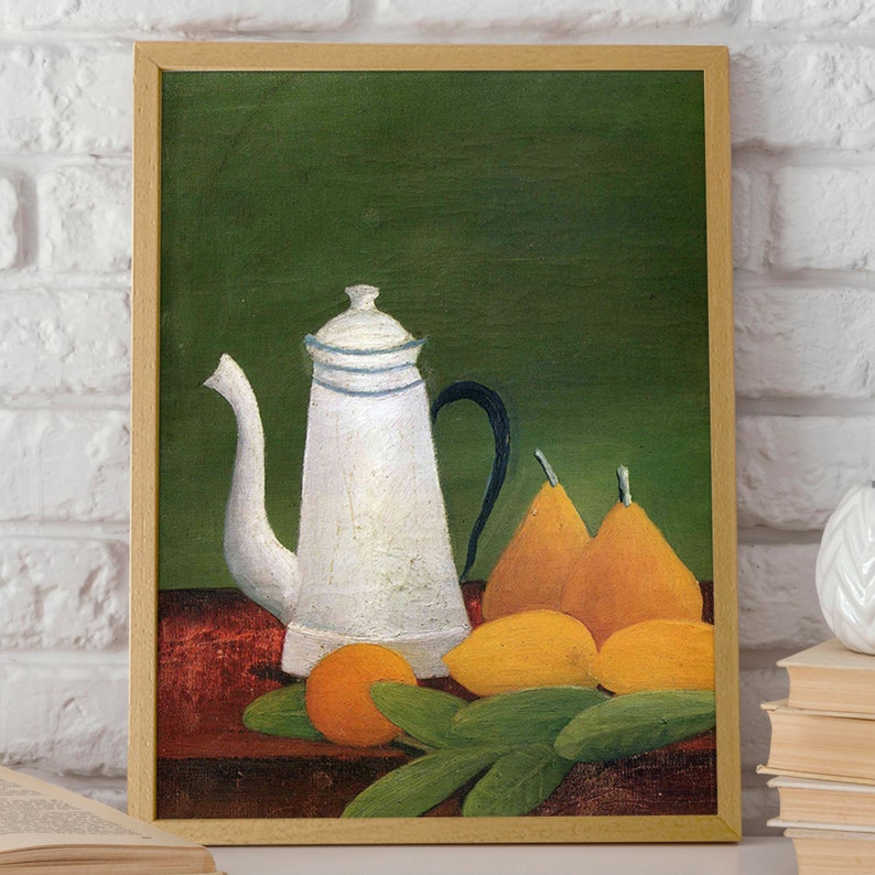 Kitchen Still Life Painting Teapot and Fruit by Henri Rosseau Beautiful Kitchen Art Henri Rousseau Kitchen Still Life Painting Rich Colors image 2