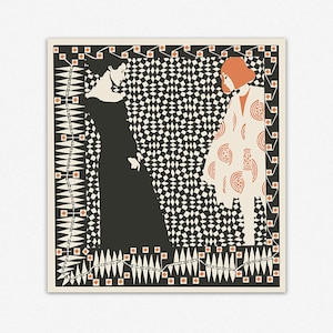 May include: A square art print featuring two figures against a black and white diamond pattern. One figure wears a solid black dress, while the other wears a cream-coloured coat with orange circular motifs. The border has orange squares and white spikes.
