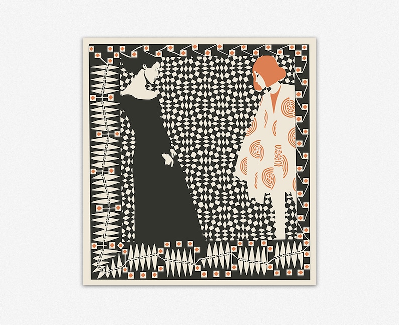 May include: A square art print featuring two figures against a black and white diamond pattern. One figure wears a solid black dress, while the other wears a cream-coloured coat with orange circular motifs. The border has orange squares and white spikes.