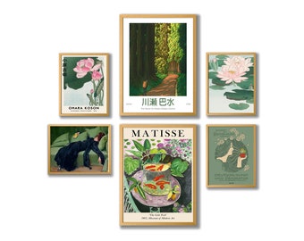 Une collection de 6 estampes sur bois Art nouveau classiques vertes et peintures de Matisse, encadrées et non encadrées